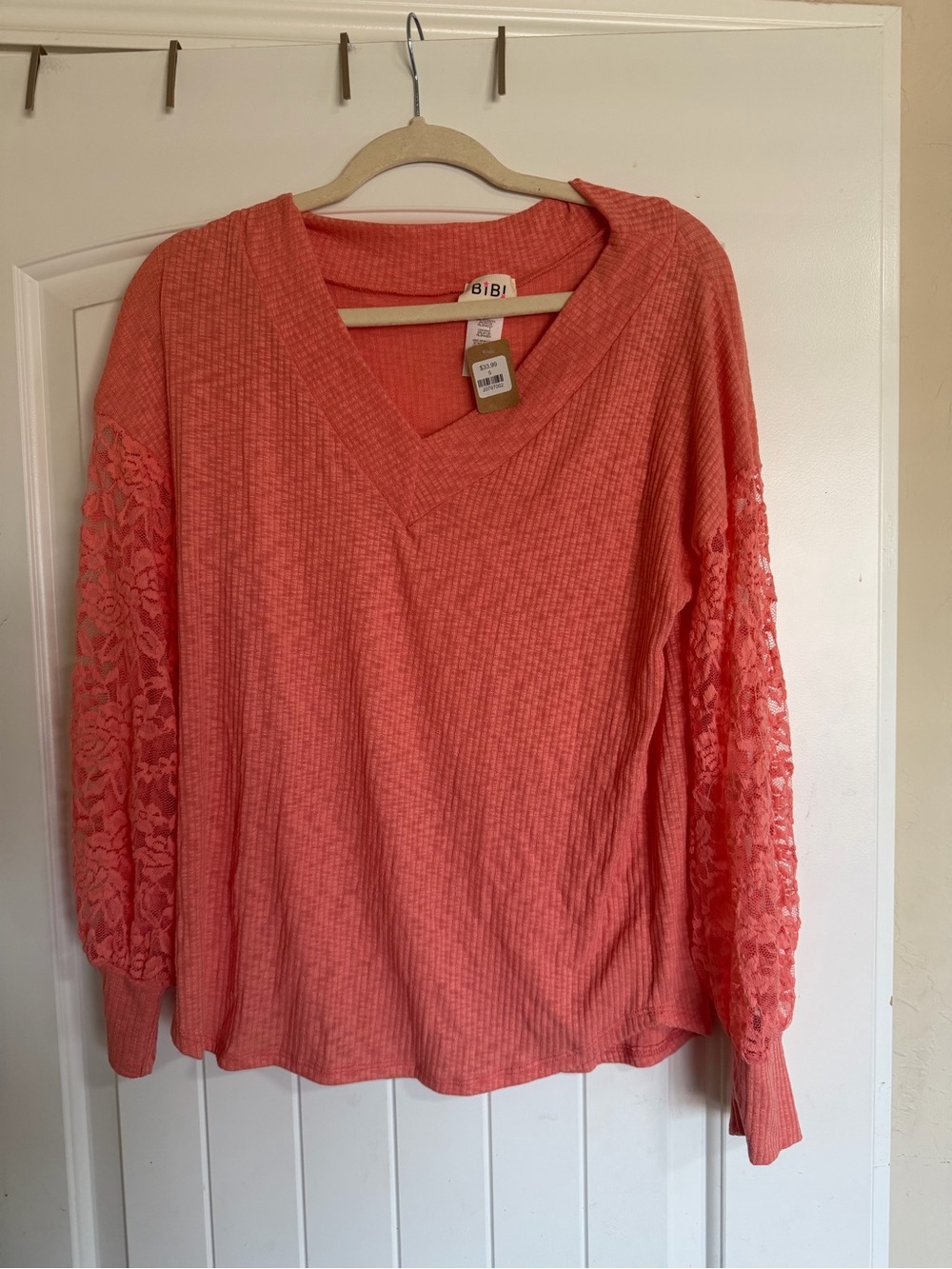 BiBi Coral Lace-Sleeve V-Neck Pullover